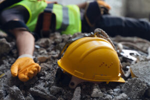 Yellow hard hat and glove next to an unconscious worker on rubble