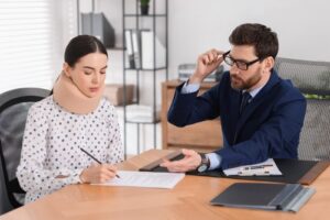 Woman with a neck brace signing documents while a workers' compensation attorney explains