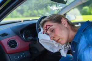 Woman unconscious in car with head resting on deployed airbag and visible head injury