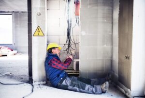 construction worker wearing a yellow hard hat and a blue and red plaid shirt, seated on the ground while working on electrical wiring within a building under construction. The environment appears unfinished with exposed beams and bare concrete, and there is a cautionary electrical hazard sign visible in the background.