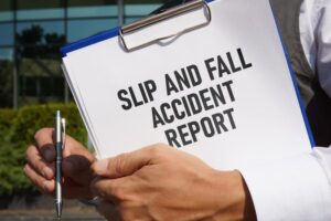 A person holding a clipboard with "Slip and Fall Accident Report," symbolizing legal case documentation.