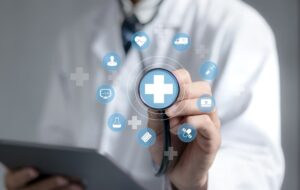 Doctor in a white coat holding a glowing medical plus icon, symbolizing health insurance, medical care, and access to healthcare services.