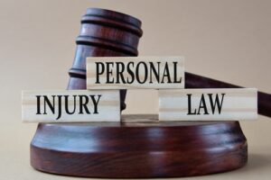 A wooden judge's gavel resting on a sound block, with three wooden blocks stacked in front of it, displaying the words "Personal Injury Law.