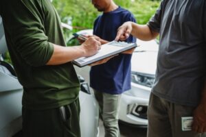 Two individuals discuss and sign paperwork after a car accident, documenting details for insurance or legal purposes.