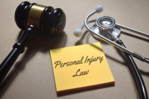 Top-view image of a gavel and stethoscope with the words "Personal Injury Law." A legal and medical concept symbolizing justice and healthcare. 